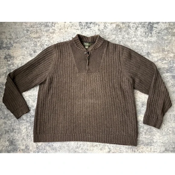 Vtg‎ Eddie Bauer Fisherman Henley Sweater Mens L Brown Chunky Cable Knit Cotton - Picture 2 of 7